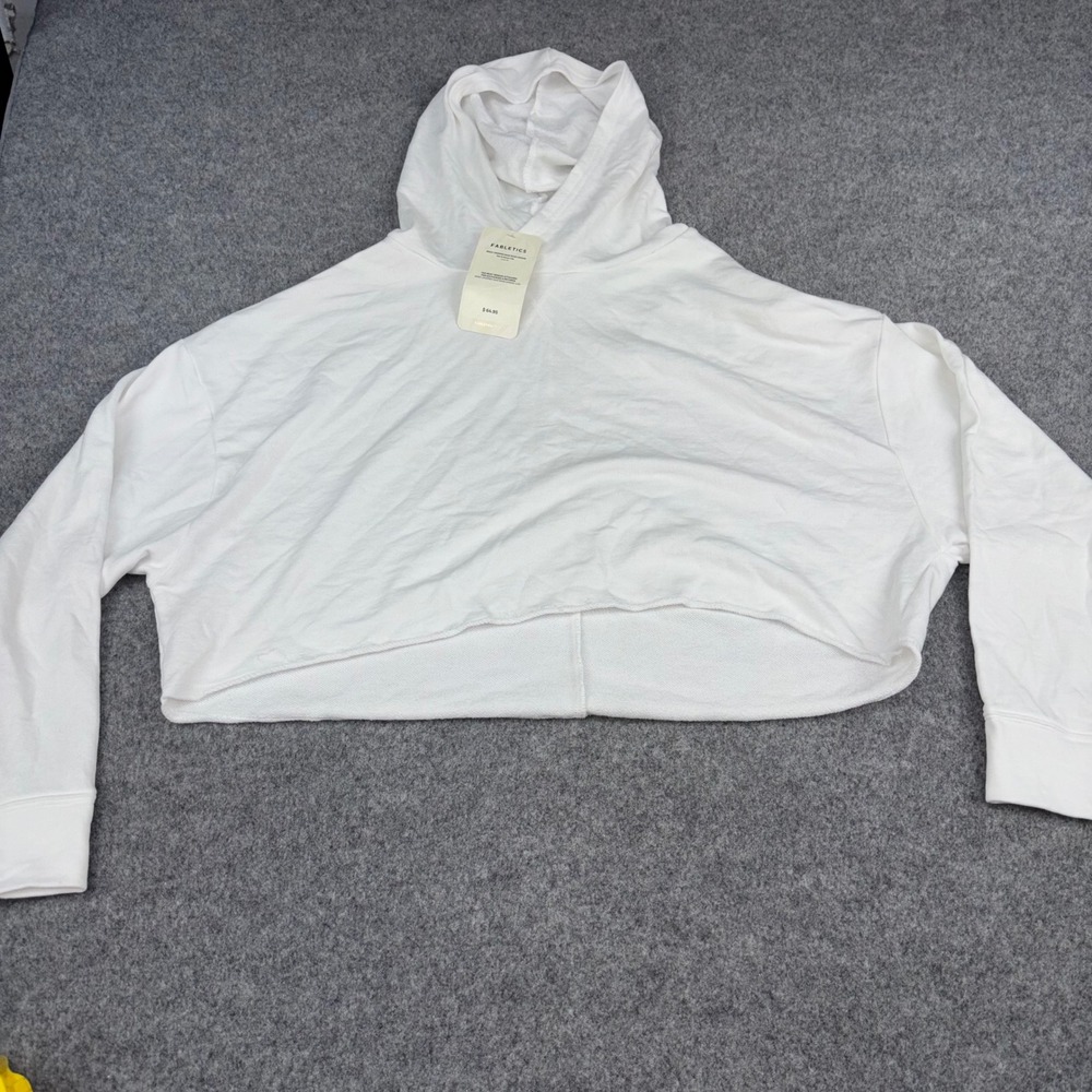Fabletics Brisa Cropped Hoodie Womens Large White Raw Edge Athletic Gym Pullover